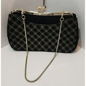 Elaine Turner Black & Gold Velvet Clutch Purse with Kiss Lock Closure EUC